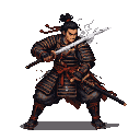 Fierce samurai warrior in dark armor with crimson ties, holding a gleaming katana ready to strike.