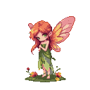 A fairy with fiery orange hair and green eyes, wearing a leaf dress, with translucent pink and yellow wings, stands with clasped hands amidst colorful flowers.
