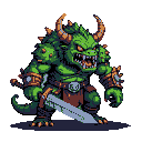 A green reptilian monster with orange-brown horns and spikes, holding a broadsword, with glowing yellow eyes.
