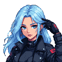 Cyberpunk character with flowing light blue hair, blue eyes, dark jacket with red insignia, gloved hand raised to temple.