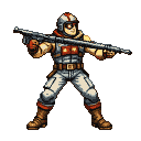 A soldier in a retro-futuristic combat suit with a red-striped helmet stands with a rifle, looking determined.