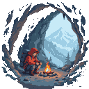 Lone mountaineer in a red jacket crouches by a campfire inside a cave, with snow-capped mountains visible through the opening.