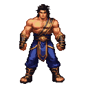 A powerfully built fighter with tanned skin, wearing a blue loincloth and sash with gold trim, and matching gauntlets and boots.
