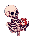A black skeleton gently holds a red and white fluffy hamster.