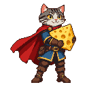 Pixel Art: hero with cat head with cape holding big cheese