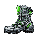 A single, futuristic robot boot with metallic plating and glowing green accents.