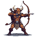 Minotaur warrior with bow drawn, wearing leather armor.