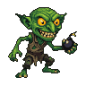 Green goblin with glowing orange eyes and sharp teeth, holding a lit bomb.