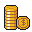 A tall stack of pixelated gold coins with a single coin to the right, featuring a simplified emblem.