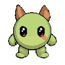 A small, round, light green creature with large black eyes, brown-tipped ears, and tiny stubby limbs, blushing orange on its cheeks.