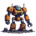 A robust orange and grey mining robot with a glowing blue visor stands on rocky ground, one arm ending in a claw.