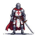 Stoic Templar Knight in gleaming plate armor, white tunic with red cross, crimson cape, and greatsword.
