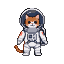 Ginger and white cat wearing a pixelated white and grey astronaut suit with red accents and a dark blue visor.