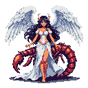 Pixel Art: Uma maga que finge ser um anjo, que pode assumir a forma de um escorpião (generated with AI by Rivthorn Goblin).
