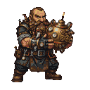 A stout, bearded dwarf in steampunk attire holds a glowing, complex spherical bomb covered in gears, pipes, and gauges.