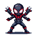 Stylized figure in a dark suit with red accents and a spider emblem, large white eyes, and mechanical web-shooters on its arms.