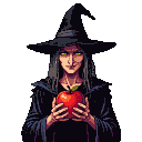 Witch in a dark cloak and pointed hat holding a bright red apple, smiling enigmatically with luminous eyes.