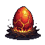 Crimson dragon egg with luminous golden cracks on smoldering embers.