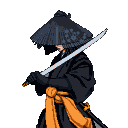 Pixel Art: A swordsman wearing a black Japanese bamboo hat that conceal...