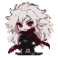 Chibi vampire Scarlet in a battle stance, with messy white hair, glowing crimson eyes, sharp fangs, a dark leather tunic with silver buckles, and a tattered scarlet cape. Neon violet backlighting.