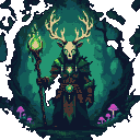 Pixel Art: ancient forest guardian with deer skull mask and glowing ant...