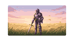 A knight in muted armor stands in a grassy field at sunset, sword tip on the ground, helmet under arm.