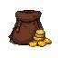 A rustic brown leather sack rests next to a small, shimmering stack of golden coins.