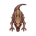 A brown and tan thunder wyvern with purple undertones, spiky protrusions, and an open maw with sharp teeth, crouches in a top-down view.