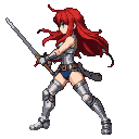 Fierce warrior with long fiery red hair, green eyes, metal bodysuit, and greaves, gripping a gleaming sword with both hands.