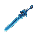 Blue pixel art sword with a fierce dragon head hilt, glowing with ethereal blue light.