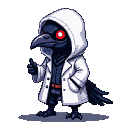 Stylized raven-headed plague doctor in a white hooded coat with a red belt, glowing red eyes.