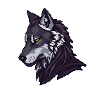A pixelated wolf head with piercing yellow eyes gazes left, rendered in dark purples and grays with white muzzle and brow markings.