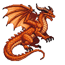 Fierce orange dragon with spread wings, sharp claws extended, and a menacing gaze.
