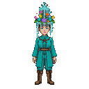 Figure wearing a teal tunic and trousers with a brown belt and boots, adorned with a fantastical headdress resembling a cascading water fountain interwoven with magical flowers.