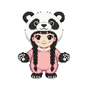 Young girl in a panda costume with a plush hood, pink onesie, and braided dark hair.