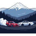 Pixel Art: carros fazendo drift no monte fugi no japão