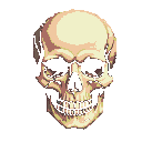Pixelated skull with empty eye sockets and grimacing teeth against a black background.