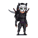 Assassin with white feline mask, green eyes, and two sheathed swords on her back.