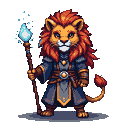 Lion-headed mage in a dark blue, gold-trimmed robe holds a staff with a glowing blue orb.