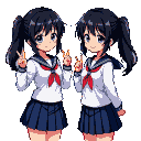 Two anime schoolgirls with dark ponytails in sailor uniforms with red bows, smiling and giving the peace sign.