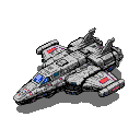 Sleek, futuristic spacecraft with metallic grey hull, red and blue accents, and a blue cockpit canopy, hovering against a black background.
