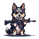 A stoic corgi with perked ears and a slight smile sits alertly, holding an AK-47 rifle across its lap.