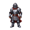A knight in segmented plate armor with a crimson sash, wearing a barred helmet.