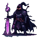 Menacing knight with red eyes, wearing dark armor and a tattered cape, holding a cursed sword crackling with purple energy.