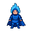 A cloaked figure in vibrant blue stylized armor with a deep hood obscuring their face. A flowing cape billows behind them, and bright blue flames erupt from above their head.