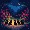 Pixel Art: A rose garden with a litter of black kittens at night