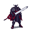 Warrior in dark, horned armor with a crimson cape, holding a large sword.