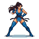 Fierce female fighter in a blue outfit, in a dynamic combat stance, dark ponytail, intense gaze.