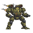 Anthropomorphic frog in a green and brown armored mech suit, with red accents, ready for combat, smoke trailing from missile launchers.