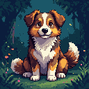 Fluffy brown and white dog sitting in a dark green forest with pink and orange petals on the ground.